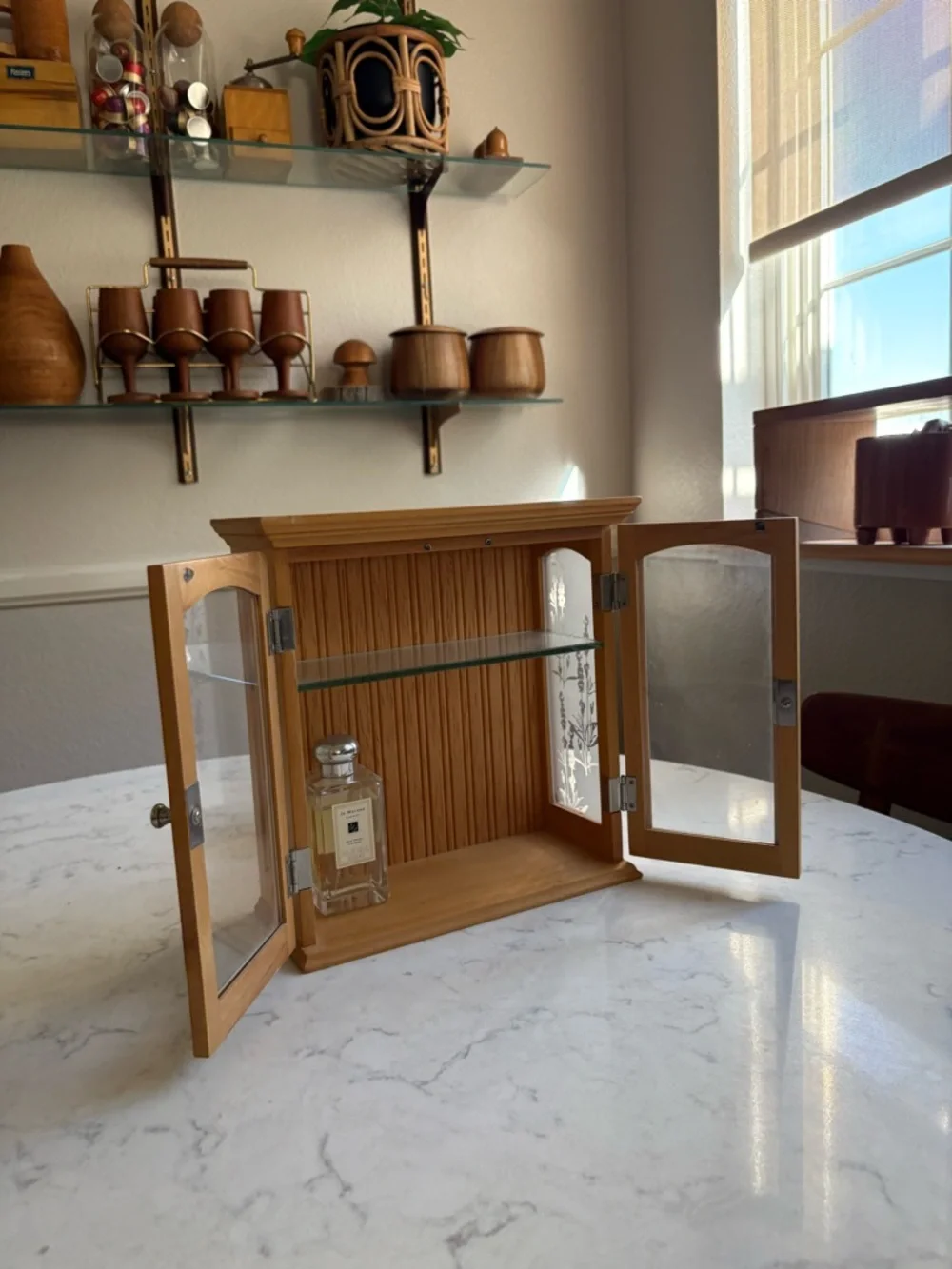 Wood Vintage Mini Curio Dispkay with Glass Shelf - Natural Brown